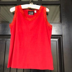 Red lace trimmed tank top, no size listed likely an M
